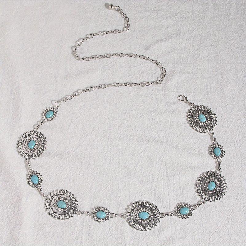 Bohemian Turquoise Waist Chain Western Flower Tassel Belly Chain Dress Accessory