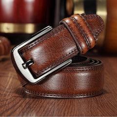 Men's Brown Cowhide Leather Belt Pin Buckle Middle aged Youth Casual
