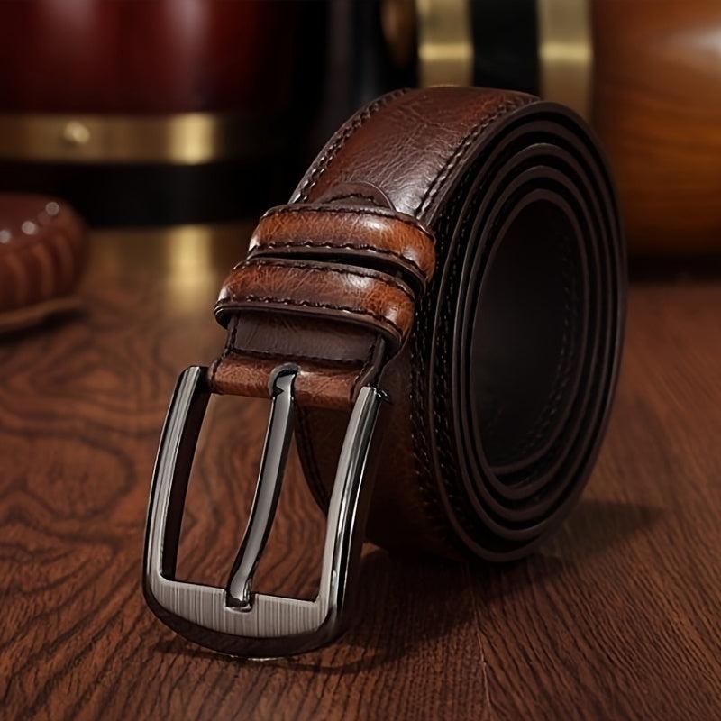 Men's Brown Cowhide Leather Belt Pin Buckle Middle aged Youth Casual