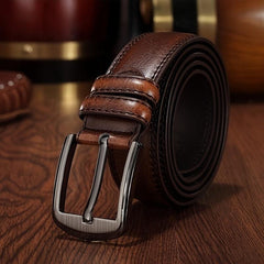 Men's Brown Cowhide Leather Belt Pin Buckle Middle aged Youth Casual