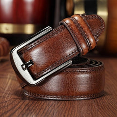 Men's Brown Cowhide Leather Belt Pin Buckle Middle aged Youth Casual
