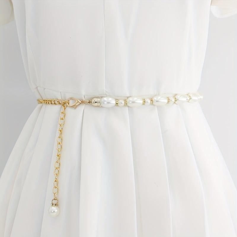 Faux Pearl Chain Belt Metal Waistband Women Dress Girdle