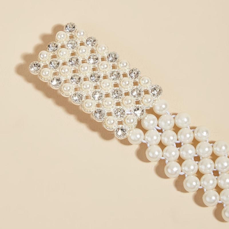 Faux Pearl Rhinestone Buckle Elastic Waist Belt