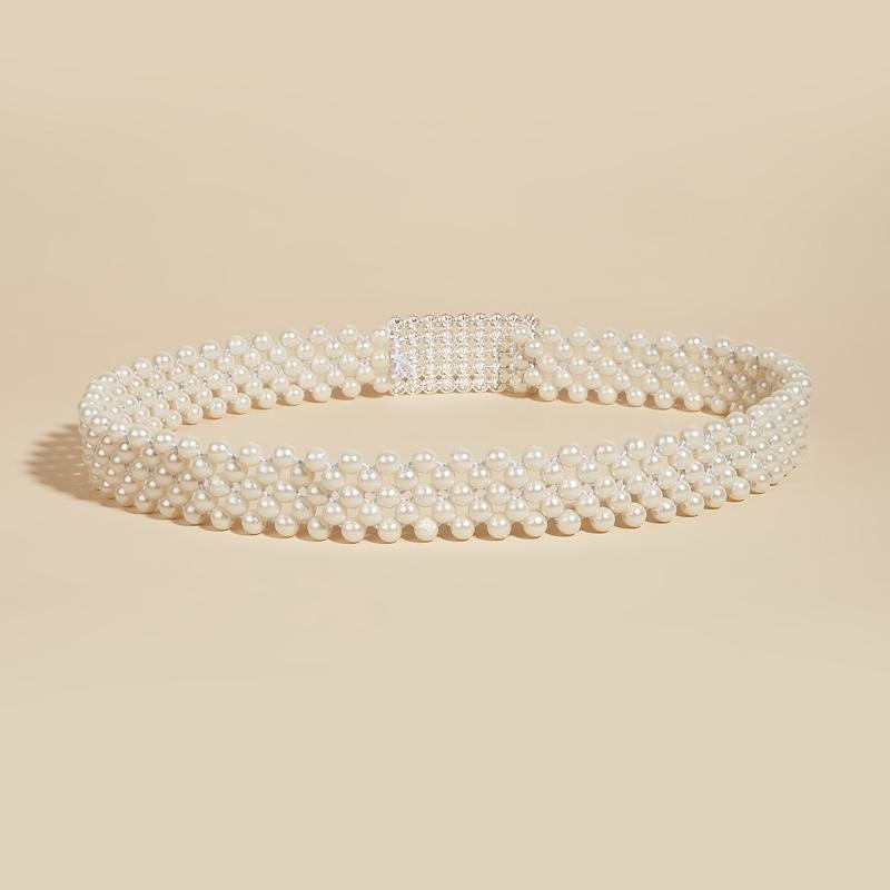 Faux Pearl Rhinestone Buckle Elastic Waist Belt