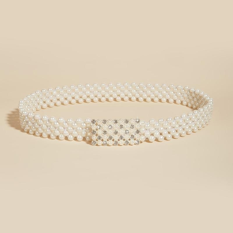Faux Pearl Rhinestone Buckle Elastic Waist Belt
