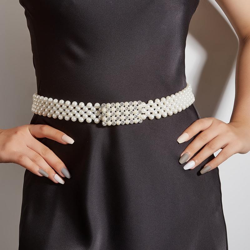 Faux Pearl Rhinestone Buckle Elastic Waist Belt