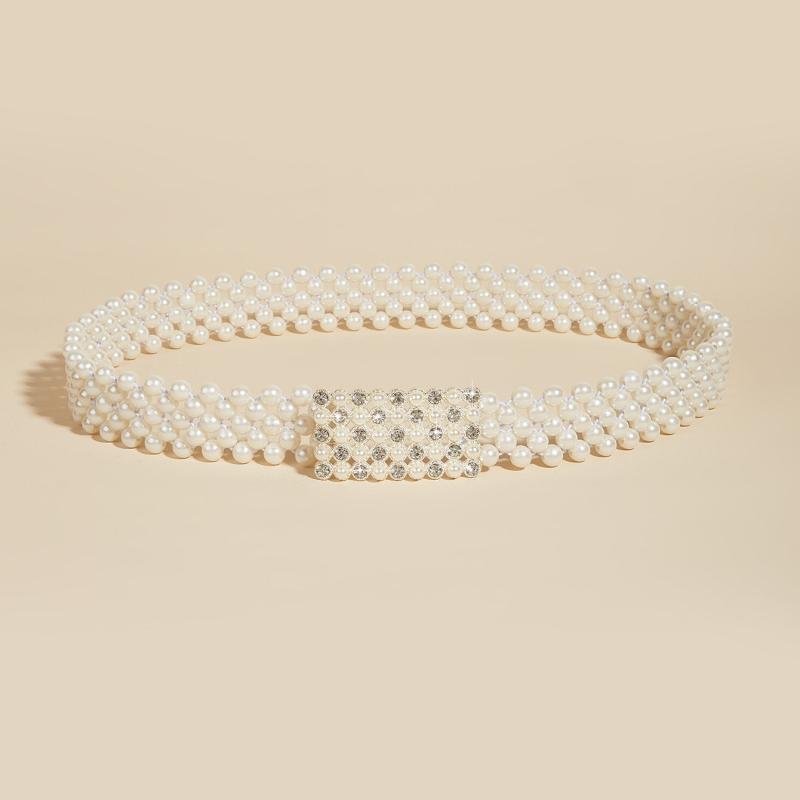 Faux Pearl Rhinestone Buckle Elastic Waist Belt