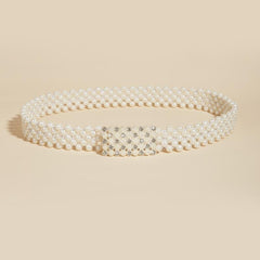 Faux Pearl Rhinestone Buckle Elastic Waist Belt