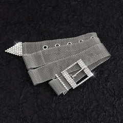 Metal Net Hollow Punk Belt with Rhinestone Buckle