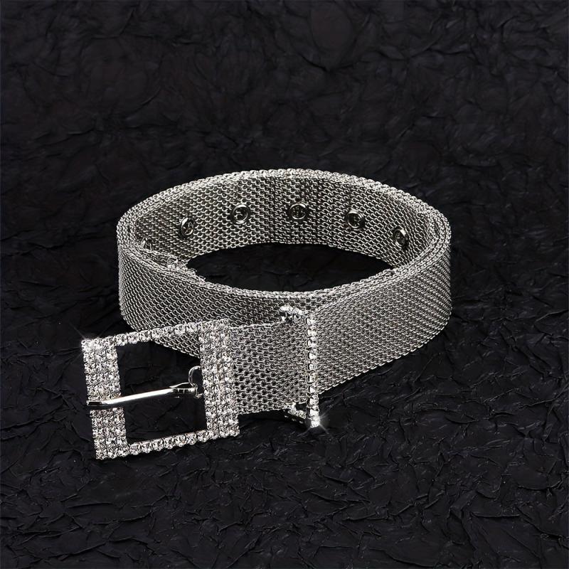 Metal Net Hollow Punk Belt with Rhinestone Buckle