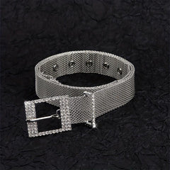Metal Net Hollow Punk Belt with Rhinestone Buckle