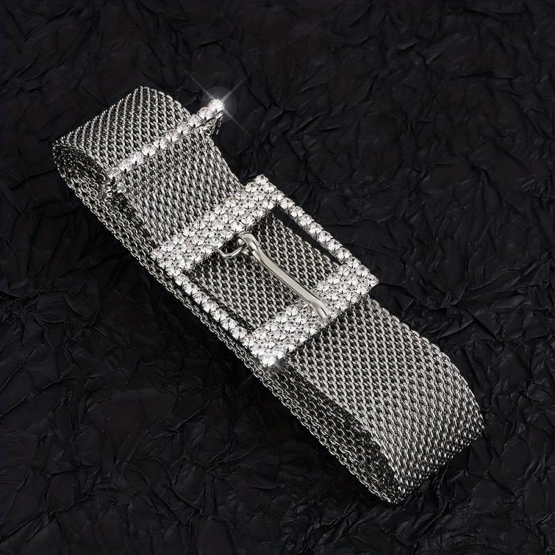Metal Net Hollow Punk Belt with Rhinestone Buckle
