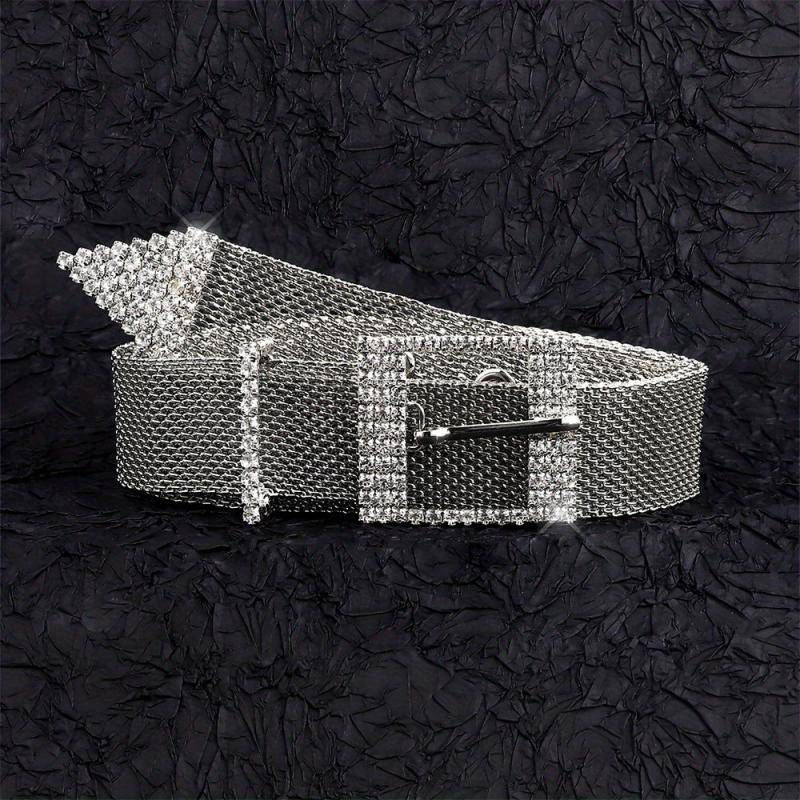 Metal Net Hollow Punk Belt with Rhinestone Buckle
