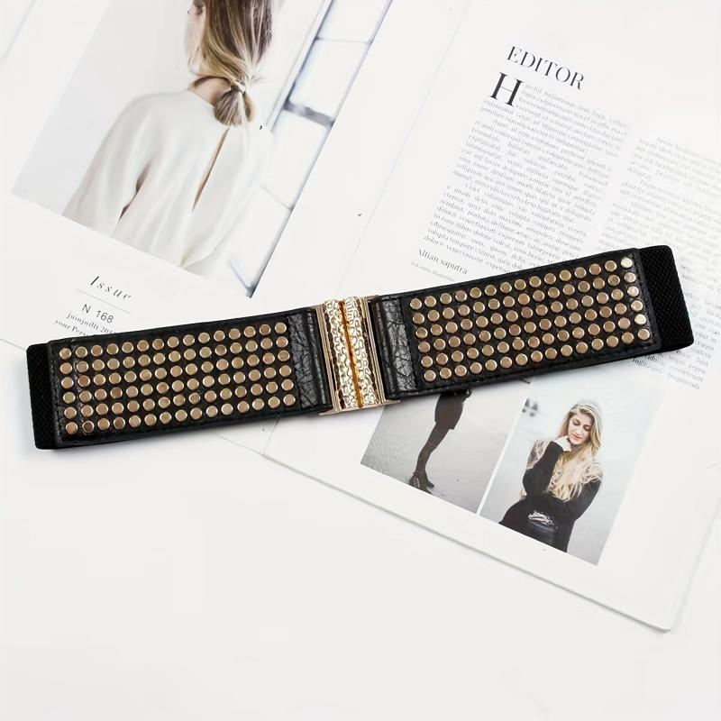 Punk Rivet Wide Belt Elastic Waistband Golden Buckle Decoration Belts