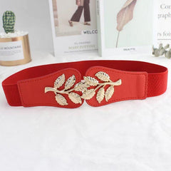 Golden Leaf Buckle Waist Belt Elastic Stretchy Large Buckle Accessory