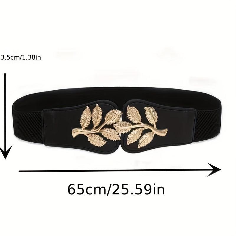 Golden Leaf Buckle Waist Belt Elastic Stretchy Large Buckle Accessory