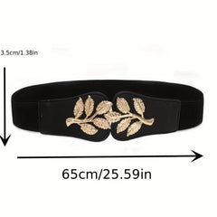 Golden Leaf Buckle Waist Belt Elastic Stretchy Large Buckle Accessory