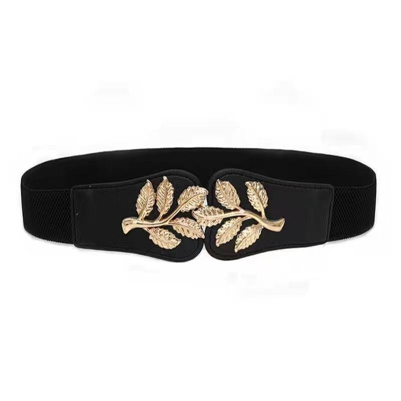 Golden Leaf Buckle Waist Belt Elastic Stretchy Large Buckle Accessory