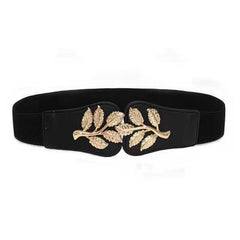 Golden Leaf Buckle Waist Belt Elastic Stretchy Large Buckle Accessory