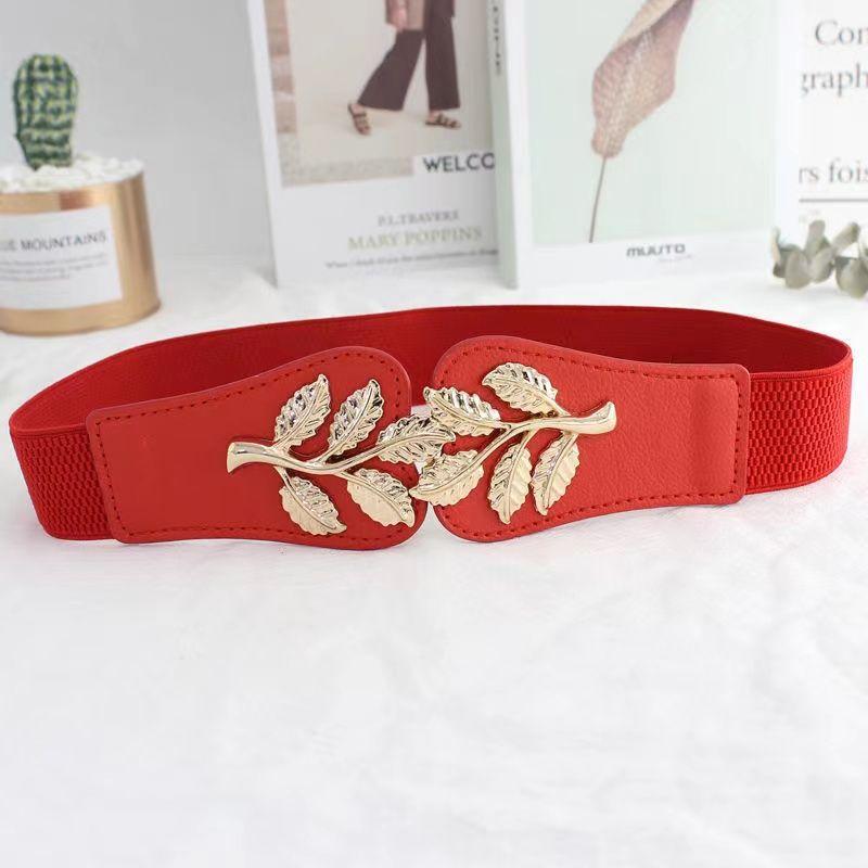Golden Leaf Buckle Waist Belt Elastic Stretchy Large Buckle Accessory