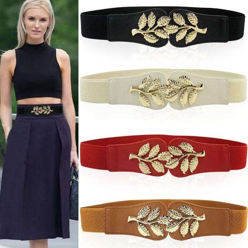 Golden Leaf Buckle Waist Belt Elastic Stretchy Large Buckle Accessory