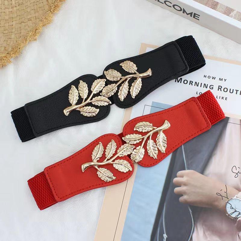 Golden Leaf Buckle Waist Belt Elastic Stretchy Large Buckle Accessory
