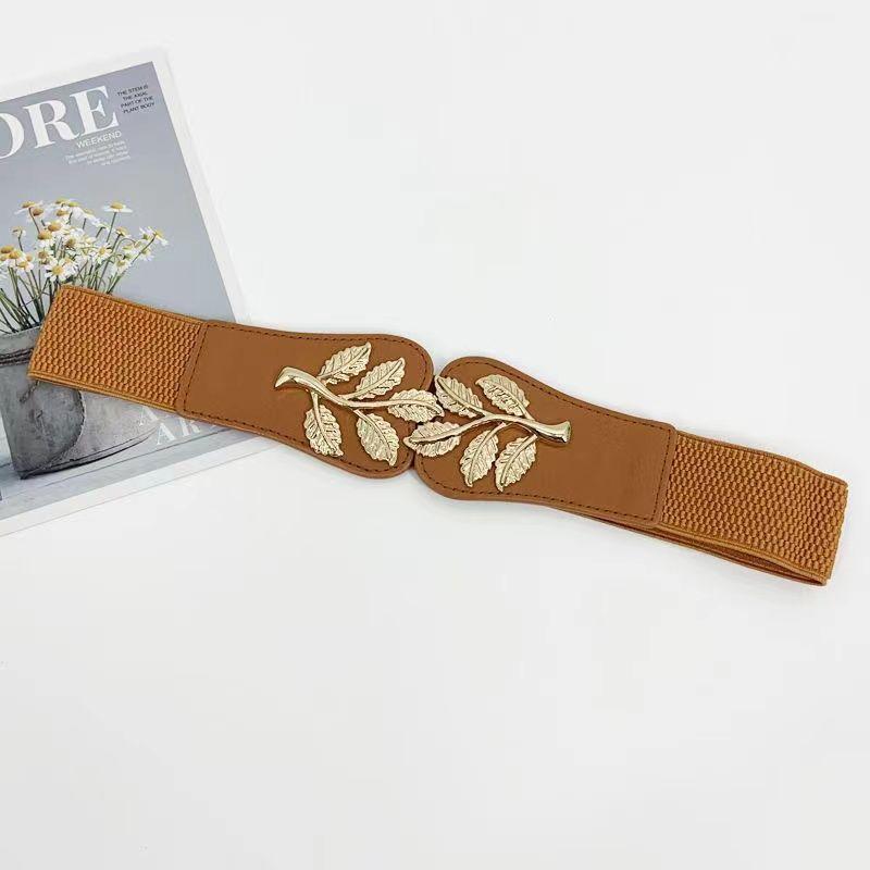 Golden Leaf Buckle Waist Belt Elastic Stretchy Large Buckle Accessory