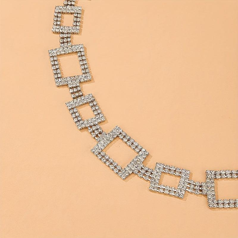 Square Rhinestone Waist Chain Hollow Waistband for Women