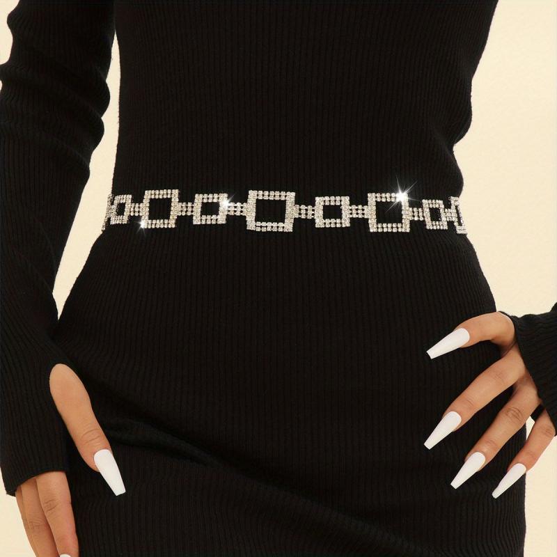 Square Rhinestone Waist Chain Hollow Waistband for Women