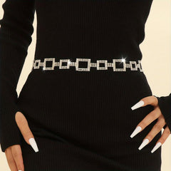 Square Rhinestone Waist Chain Hollow Waistband for Women