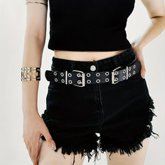 Punk Double Pin Buckle Belt Hip Hop Eyelet Hollow Out Belt Unisex