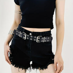 Punk Double Pin Buckle Belt Hip Hop Eyelet Hollow Out Belt Unisex