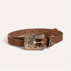 Vintage Flower Engraved Buckle Belts Boho Solid PU Leather Belt
