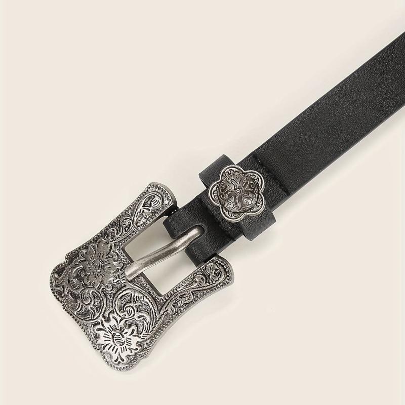 Vintage Flower Engraved Buckle Belts Boho Solid PU Leather Belt