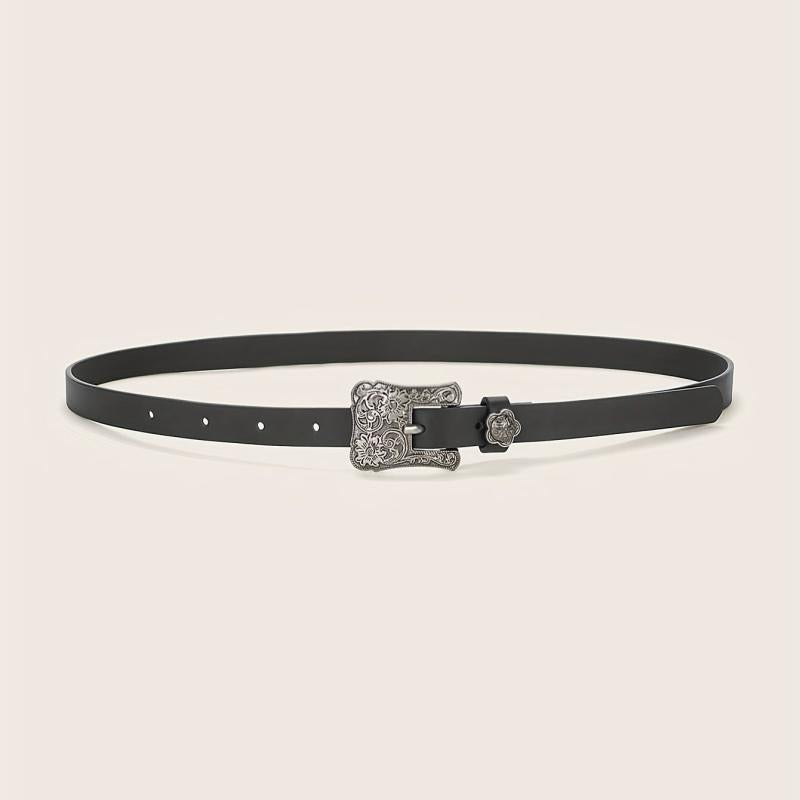 Vintage Flower Engraved Buckle Belts Boho Solid PU Leather Belt