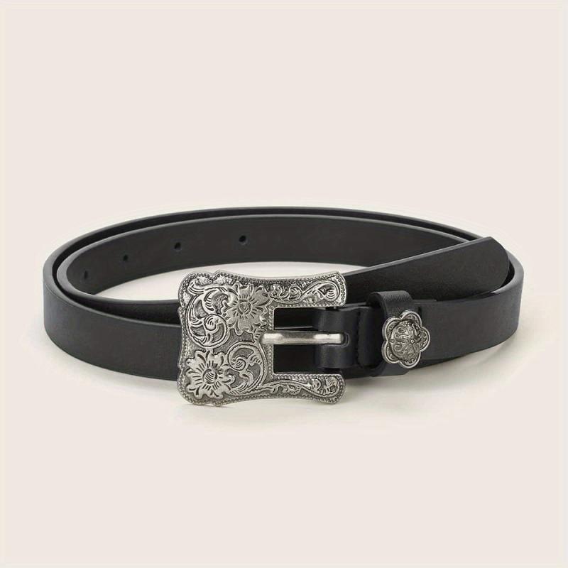 Vintage Flower Engraved Buckle Belts Boho Solid PU Leather Belt