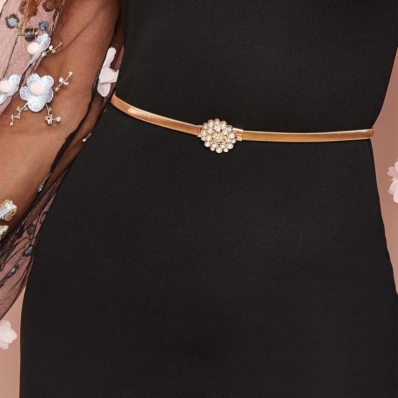 Floral Rhinestone Buckle Belt Golden Elastic Metal Waist Chain Charm