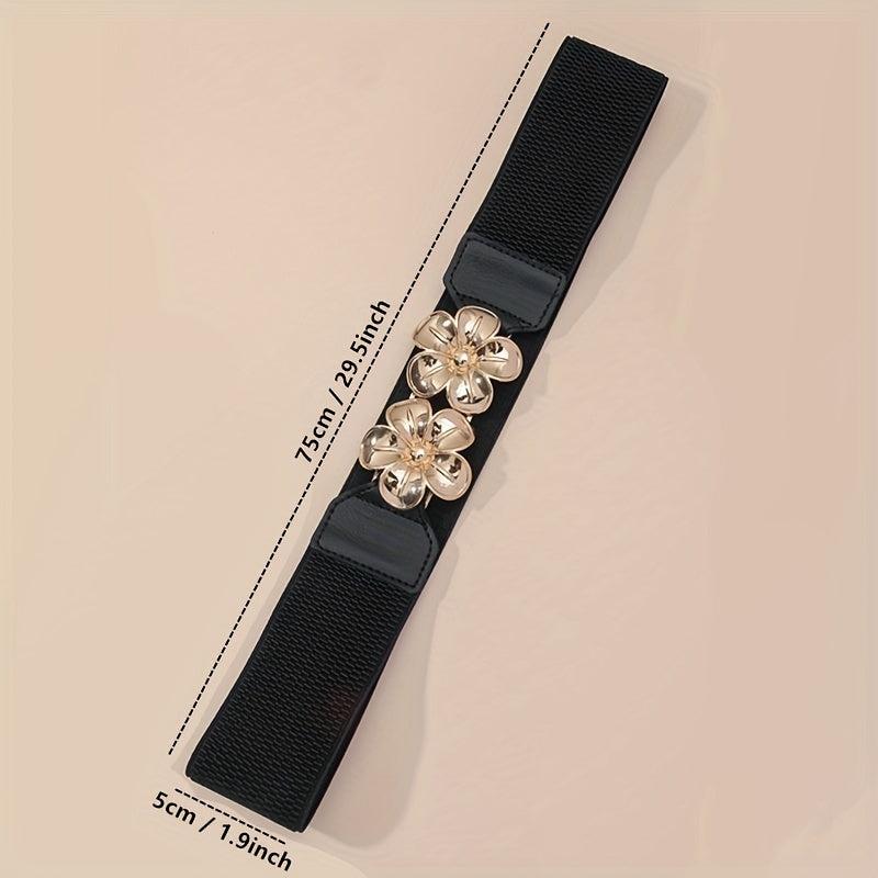 Double Golden Flower Elastic Belt Wide Waistband for Women