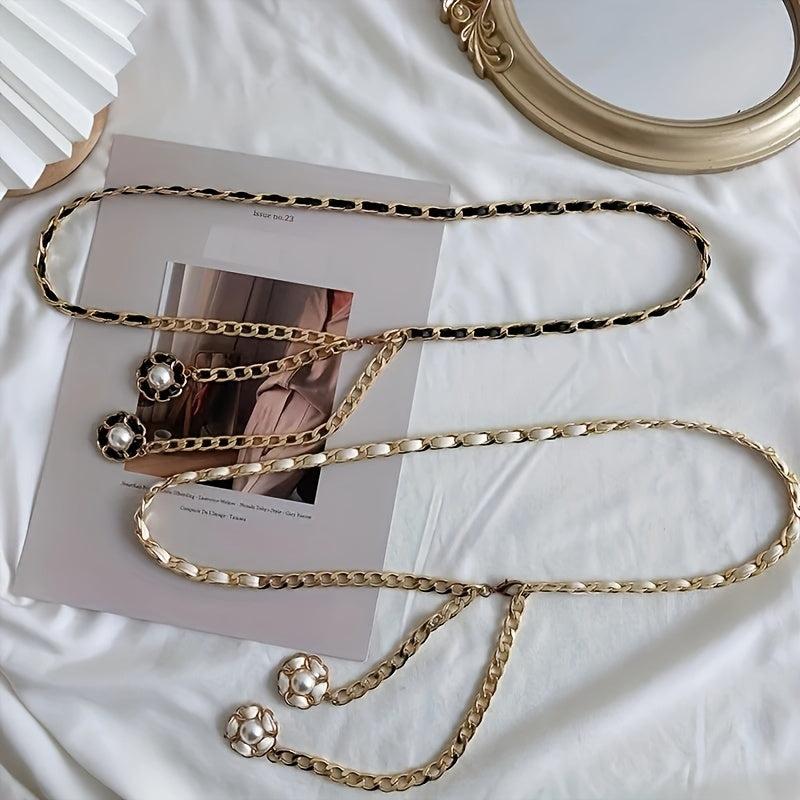 Double Camellia Pendant Tassel Chain Women Dress Chain Waist Chain