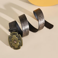 Vintage Western Floral Print PU Leather Belt for Women