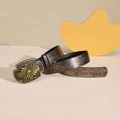 Vintage Western Floral Print PU Leather Belt for Women