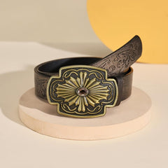 Vintage Western Floral Print PU Leather Belt for Women