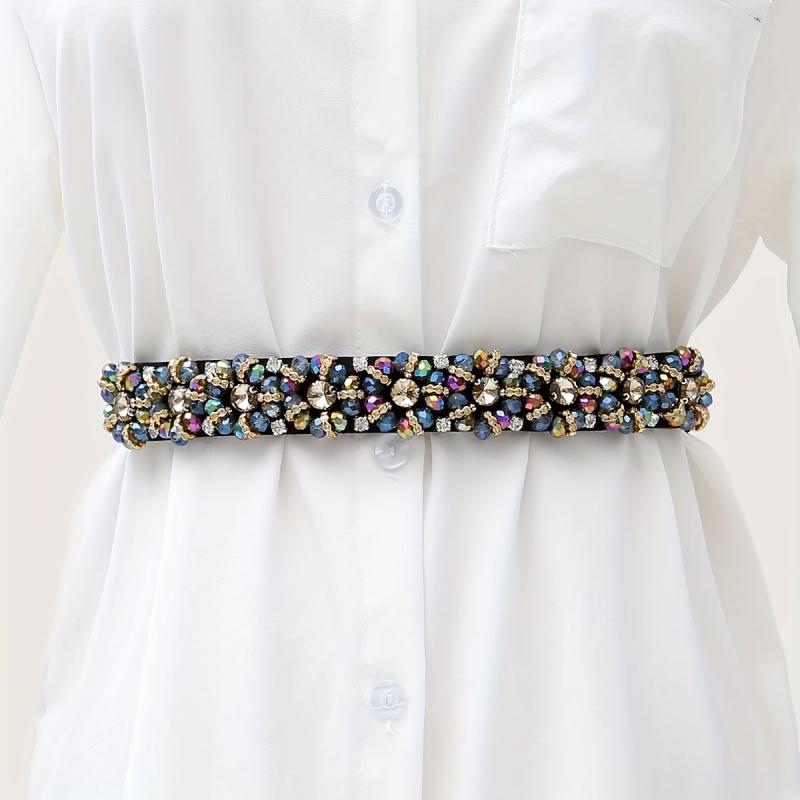 Colorful Rhinestone Flower Belt Women Elastic Thin Belts Waistband