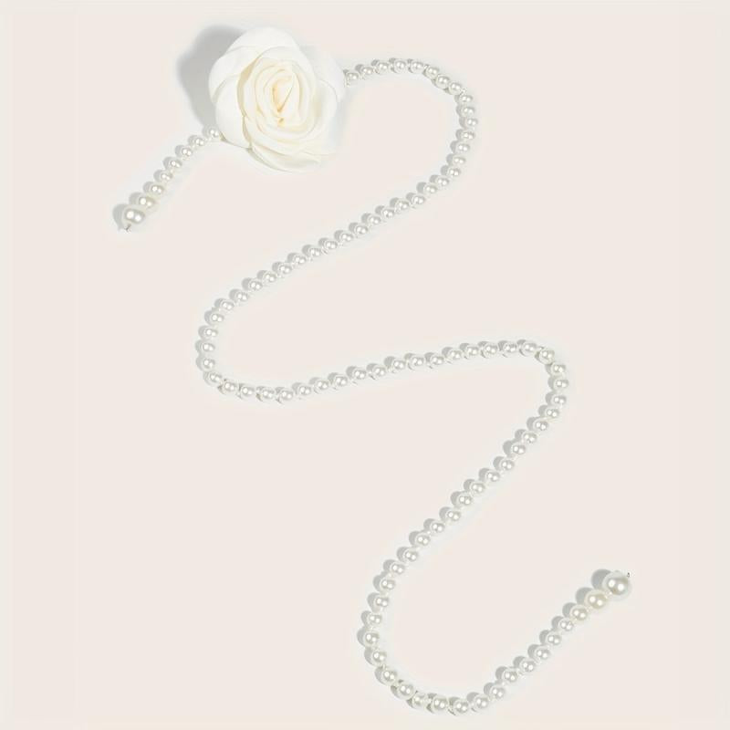 Camellia Decor Waist Chain Faux Pearl Pendant Chain Belt Dress Girdle