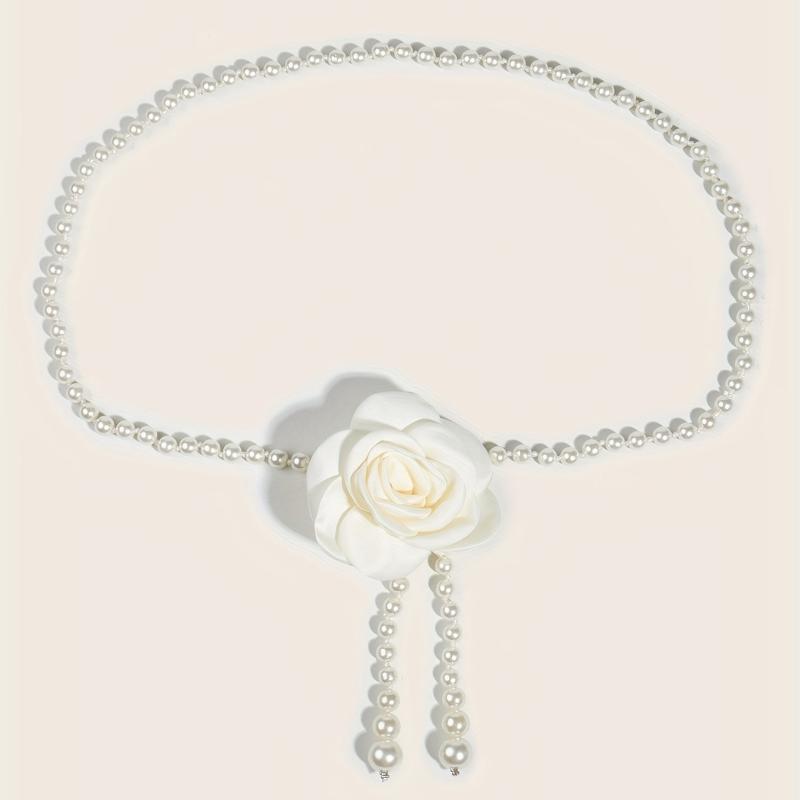 Camellia Decor Waist Chain Faux Pearl Pendant Chain Belt Dress Girdle