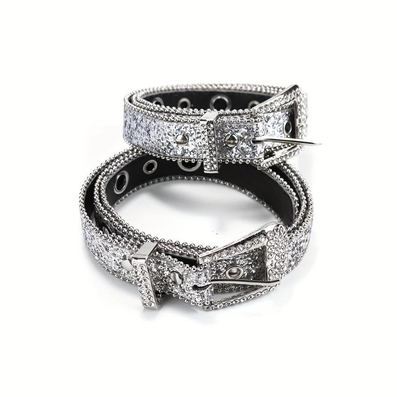 Y2K Eyelet Belt Sparkling Rhinestone PU Leather Waistband