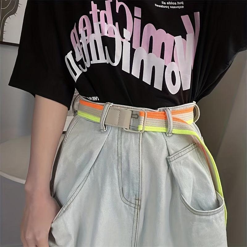 Colorful Striped Canvas Belt Double Loop Buckle Y2K Style