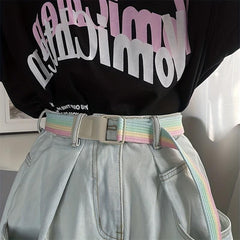 Colorful Striped Canvas Belt Double Loop Buckle Y2K Style