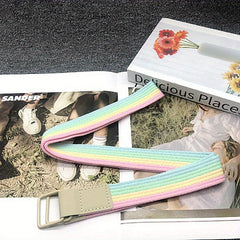 Colorful Striped Canvas Belt Double Loop Buckle Y2K Style