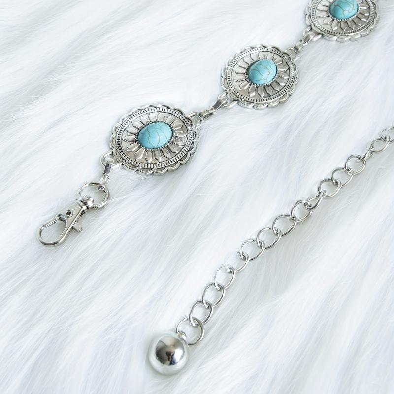 Turquoise Inlay Oval Chain Belt Silvery Geometric Flower Boho Waist Chain